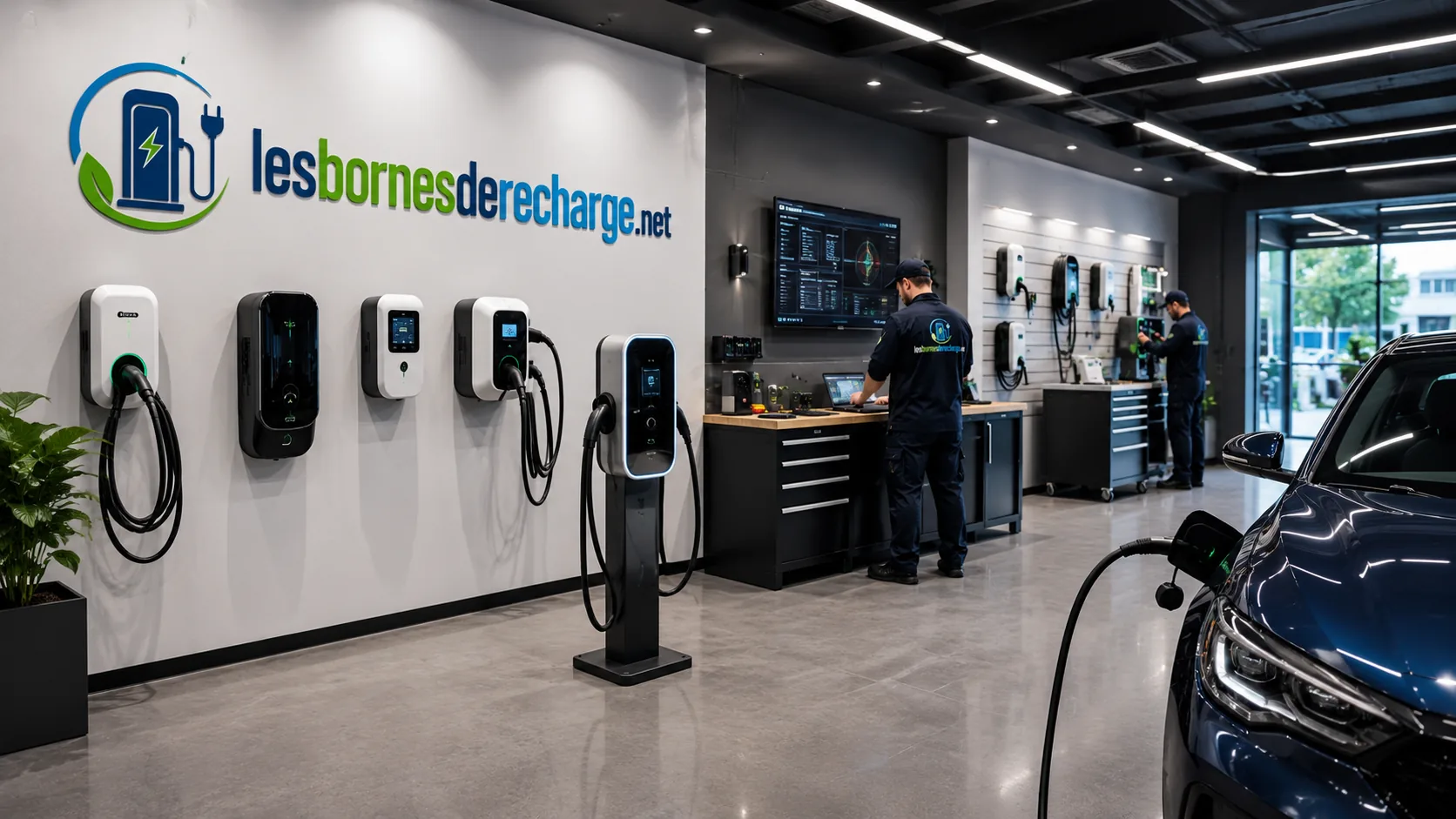 Salle de montre de bornes de recharge avec plusieurs modèles muraux et sur socle