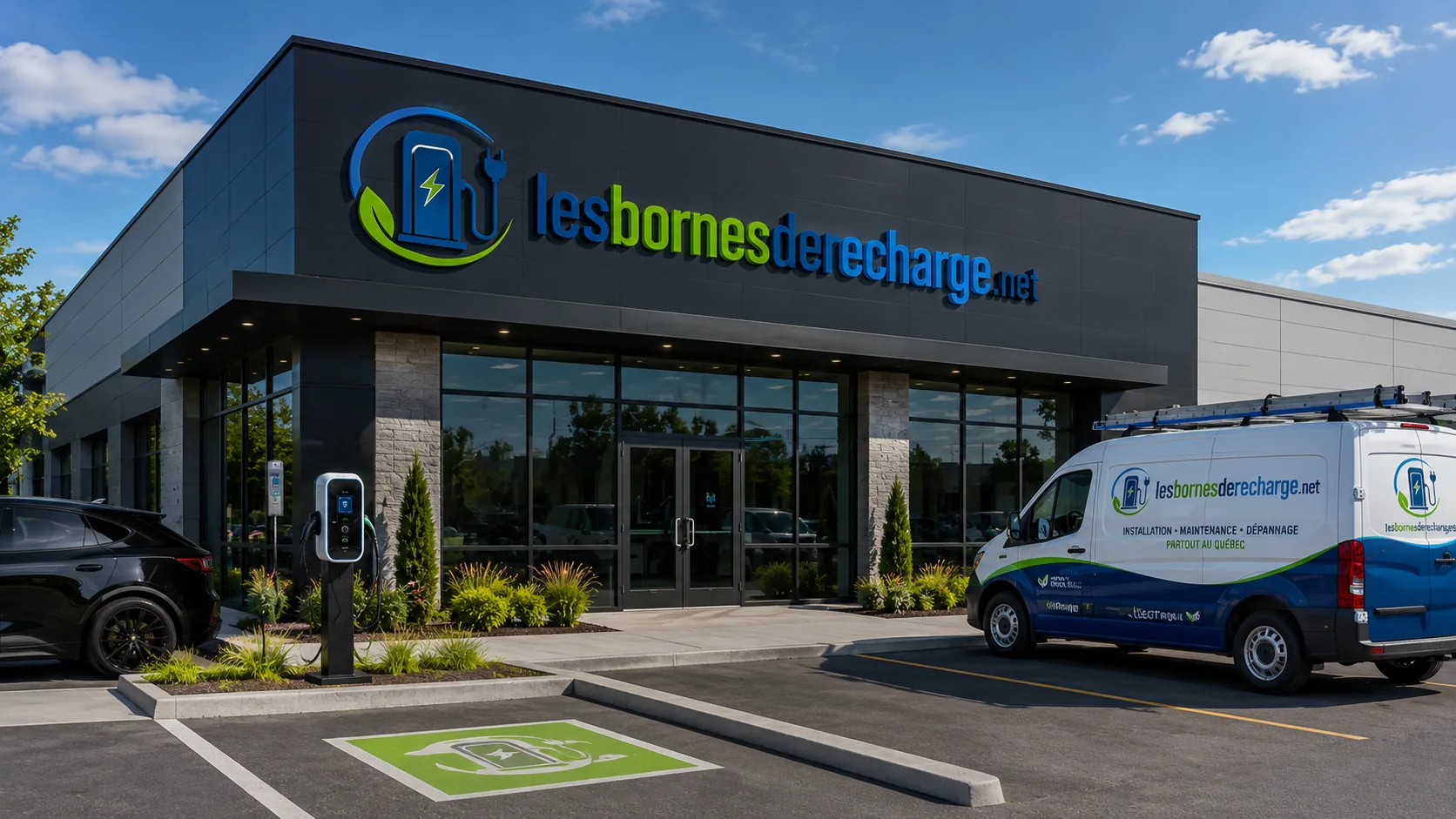 Façade d'un commerce spécialisé en bornes de recharge avec véhicule de service