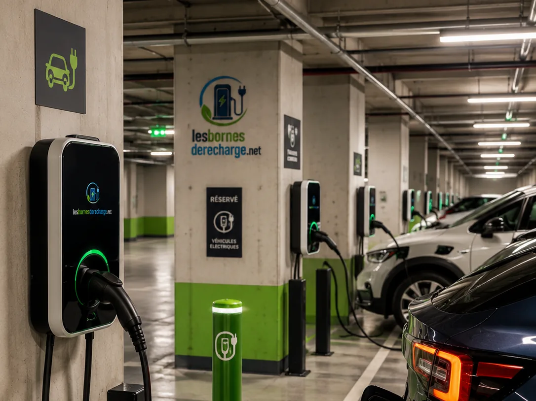Bornes de recharge dans un stationnement souterrain d'immeuble