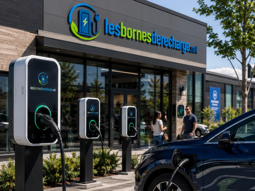Bornes de recharge sur socle dans le stationnement d'un commerce