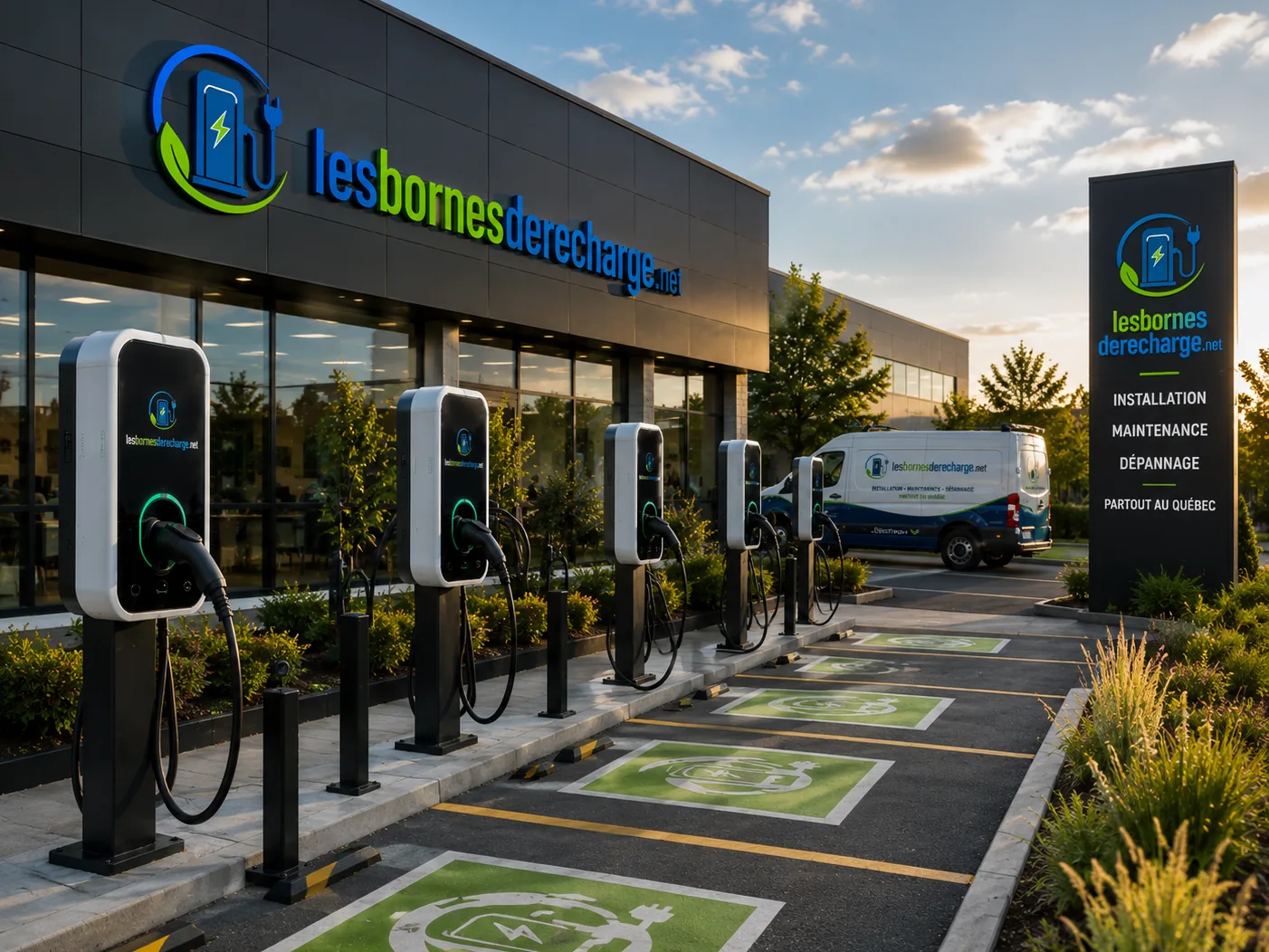 Rangée de bornes de recharge dans un stationnement commercial